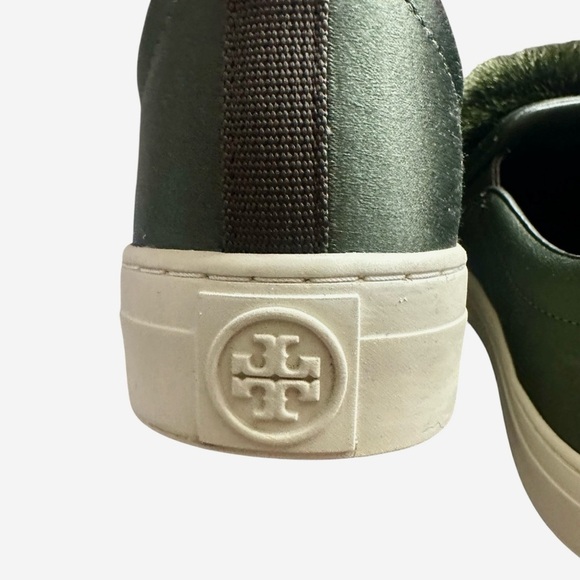 TORY BURCH GREEN DAPHNE POM POM SATIN PLATFORM SNEAKERS SIZE 7 - Picture 8 of 11